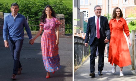 Composite image showing Rishi Sunak and Keir Starmer, both with their respective wives, outside their local polling stations. Sunak is wearing a dark blue jumper and Akshata Murty a long, flowing pink, purple and red paisley-patterned dress; Starmer wears a dark suit, white shirt and red tie, and Victoria Starmer a bright red, calf-length cotton buttoned shirt-dress with white trainers. 