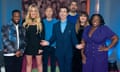 Babatunde Aléshé, Daisy May Cooper, Russell Howard, Jimmy Carr, Jamie and Natasia Demetriou and Judi Love on The Big Fat Quiz of Telly.