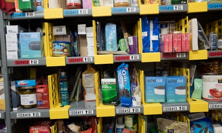 Shelves of orders at the Amazon Prime warehouse in New York.