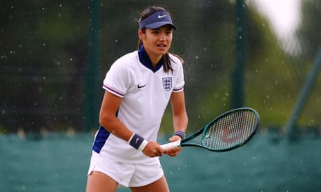 Emma Raducanu wears an England football kit during a training session