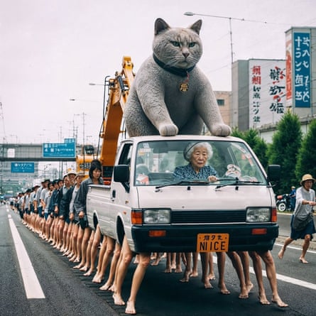 A row of legs walk down a road like a centipede. At the front a giant grey cat has its paws on the roof of a white van being driven by an old Asian woman. The licence plate reads “NI ICE”