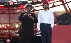 Mia Mottley, the prime minister of Barbados, and Ajay Banga, the president of the World Bank on stage at the Power our Planet concert in Paris on Thursday.