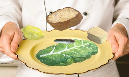 photo of chef’s hands holding a plate. on the plate are illustrations of a lettuce leaf, some bread, a lemon, cheese and an anchovy