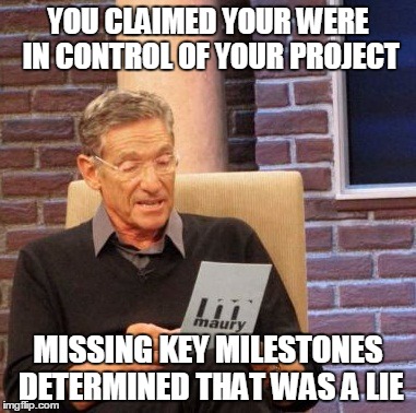 Maury Lie Detector | YOU CLAIMED YOUR WERE IN CONTROL OF YOUR PROJECT; MISSING KEY MILESTONES DETERMINED THAT WAS A LIE | image tagged in memes,maury lie detector,project management,project manager,project plan,pmp | made w/ Imgflip meme maker