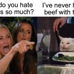 Never had any beef with vegans | Why do you hate
vegans so much? I’ve never had a
beef with them | image tagged in memes,woman yelling at cat,vegan | made w/ Imgflip meme maker