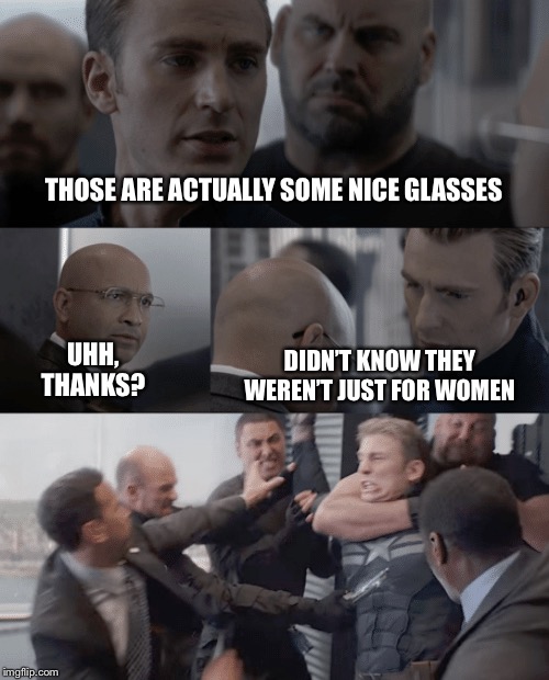 Cap Roasts Sitwell, Shrek-Style | THOSE ARE ACTUALLY SOME NICE GLASSES; UHH, THANKS? DIDN’T KNOW THEY WEREN’T JUST FOR WOMEN | image tagged in captain america elevator,endgame,hail hydra,prince charming | made w/ Imgflip meme maker