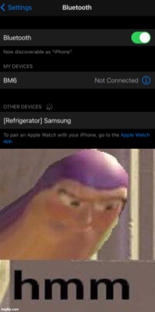 image tagged in buzz lightyear hmm,samsung,fridge,hmm,bluetooth,apple | made w/ Imgflip meme maker