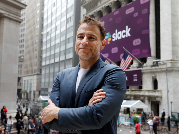 Slack CEO Stewart Butterfield poses for photos outside the New York Stock Exchange before his company's IPO, Thursday, June 20, 2019. (AP Photo/Richard Drew)