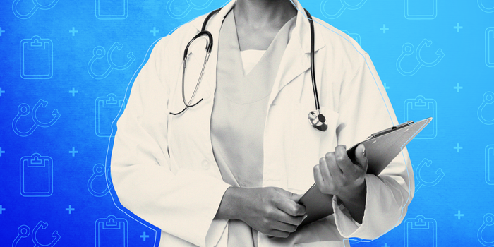 Doctor holding a clipboard on background patterned with medical symbols.