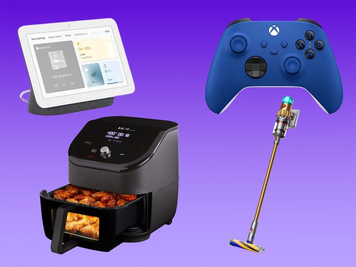 A Google Nest Hub, an Instant Pot Air Fryer, a Dyson vacuum, and an Xbox controller on a purple gradient background.