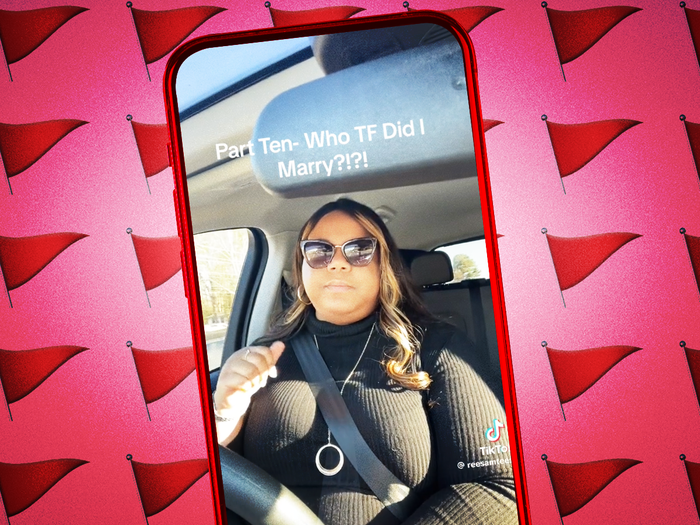 Smartphone displaying a screenshot from @ReesaMTeesa's TikTok video reading "Who TF Did I Marry?" accompanied by a pattern of red flag emojis.