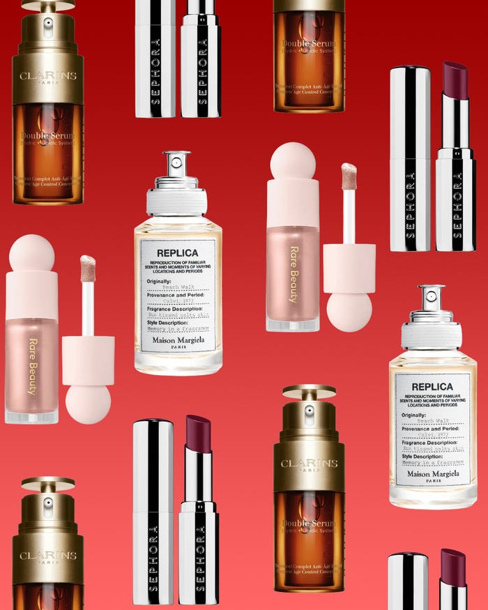 A collection of products from Sephora on a red gradient background.