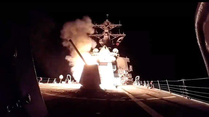 A missile launches from a US Navy warship in the Red Sea in February.