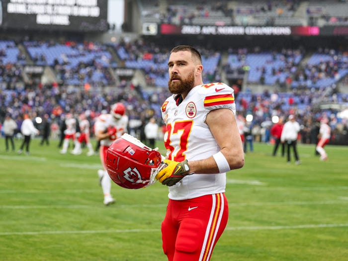 Travis Kelce warms up before the AFC Championship in January 2024.