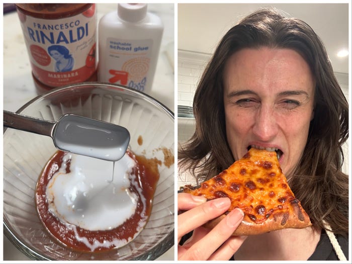 glue mixed in sauce with woman's face eating pizza