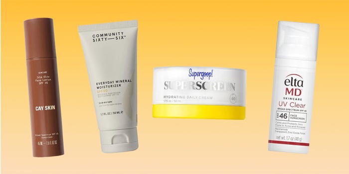 A collection of the best face moisturizers with SPF on a yellow gradient background.