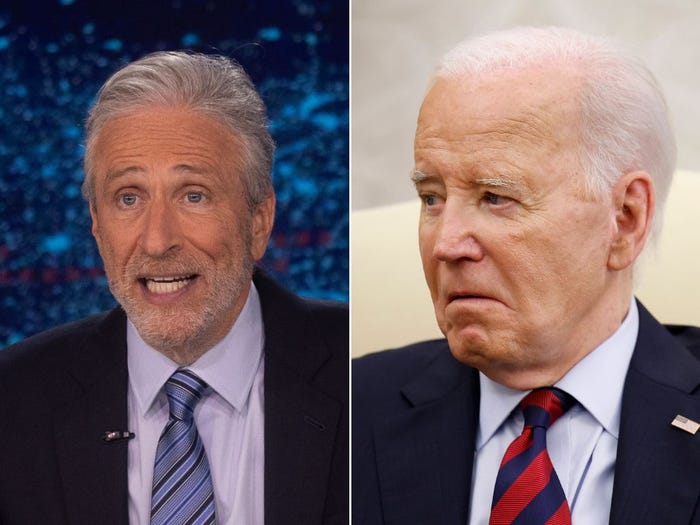 "I'm not a political expert, but while Biden was preparing at Camp David for a week, did anyone mention he would also be on camera," Jon Stewart (left) said of President Joe Biden's (right) performance on Thursday's debate.