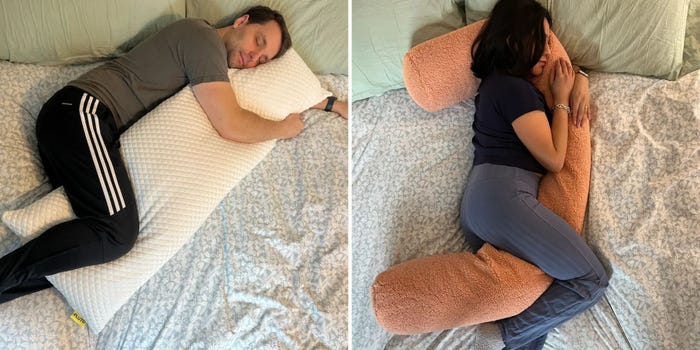 side by side of a man and a woman sleeping with a body pillow on a bed