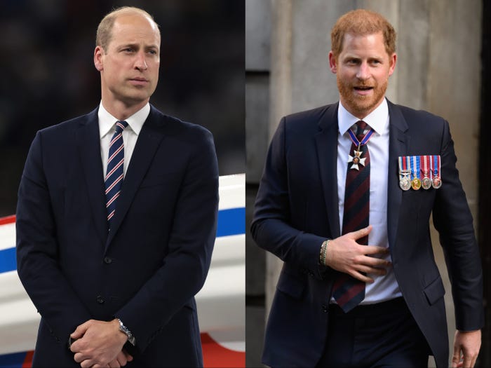 A side-by-side of Prince William and Prince Harry. Both wear suits.