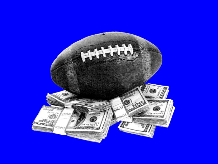 An illustration of a football on a pile of one hundred dollar bills.