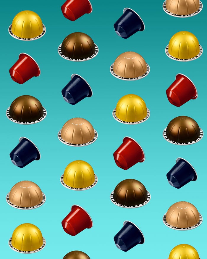 A composite patterned collage of Nespresso pods.