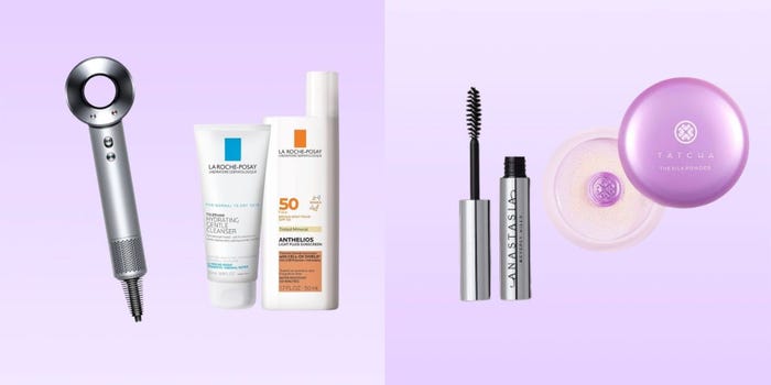 A collection of the best Prime Day beauty deals on a gradient lavender background.