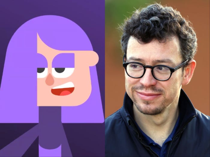 Side by side of Lily, a character-based chatbot, and Luis von Ahn, CEO of Duolingo