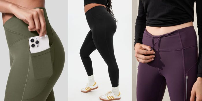 An array of three leggings with pockets on models.