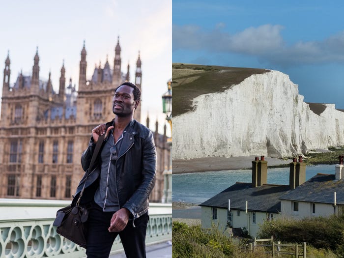 A composite image of a man walking through London next to a seaside town with white cliffs.