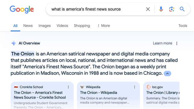 google AI Overview pulling answers from The Onion