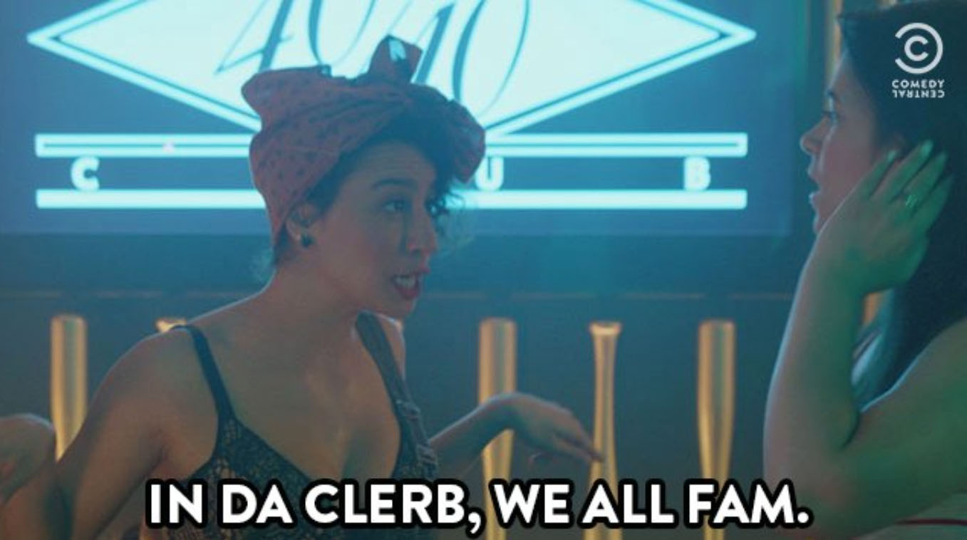 In Da Clerb We All Fam meme depicting Ilana Glazer from Broad City.