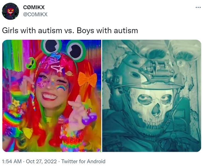 COMIKX @COMIKX Girls with autism vs. Boys with autism 1:54 AM - Oct 27, 2022 Twitter for Android