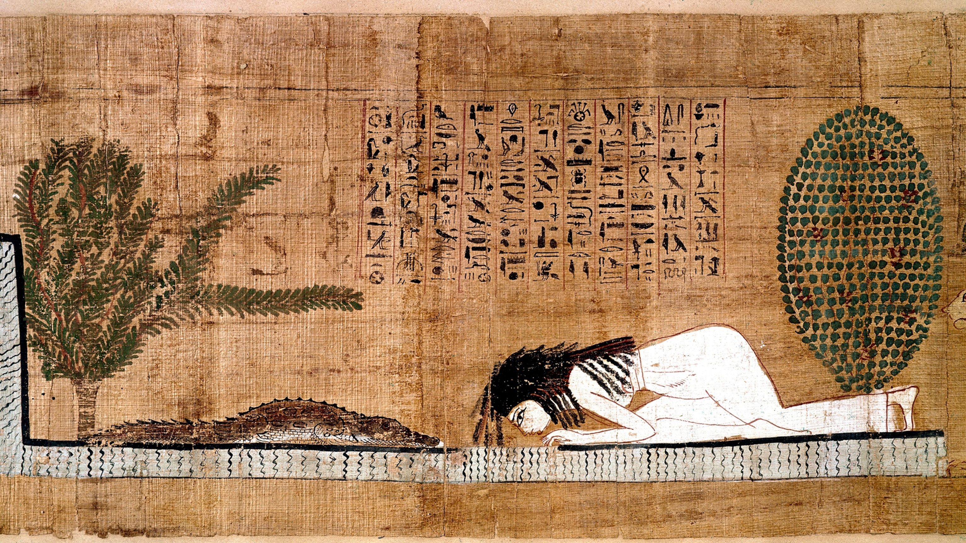 Ancient Egyptian papyrus showing a person worshiping the crocodile.