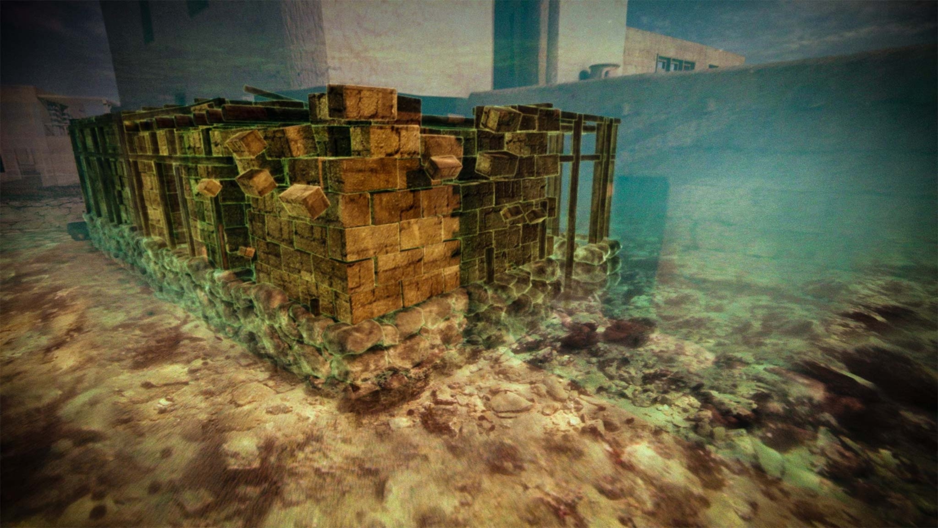 A re-creation of the underwater ruins when the foundation's stone walls were still mostly intact, with a faint view of the building above