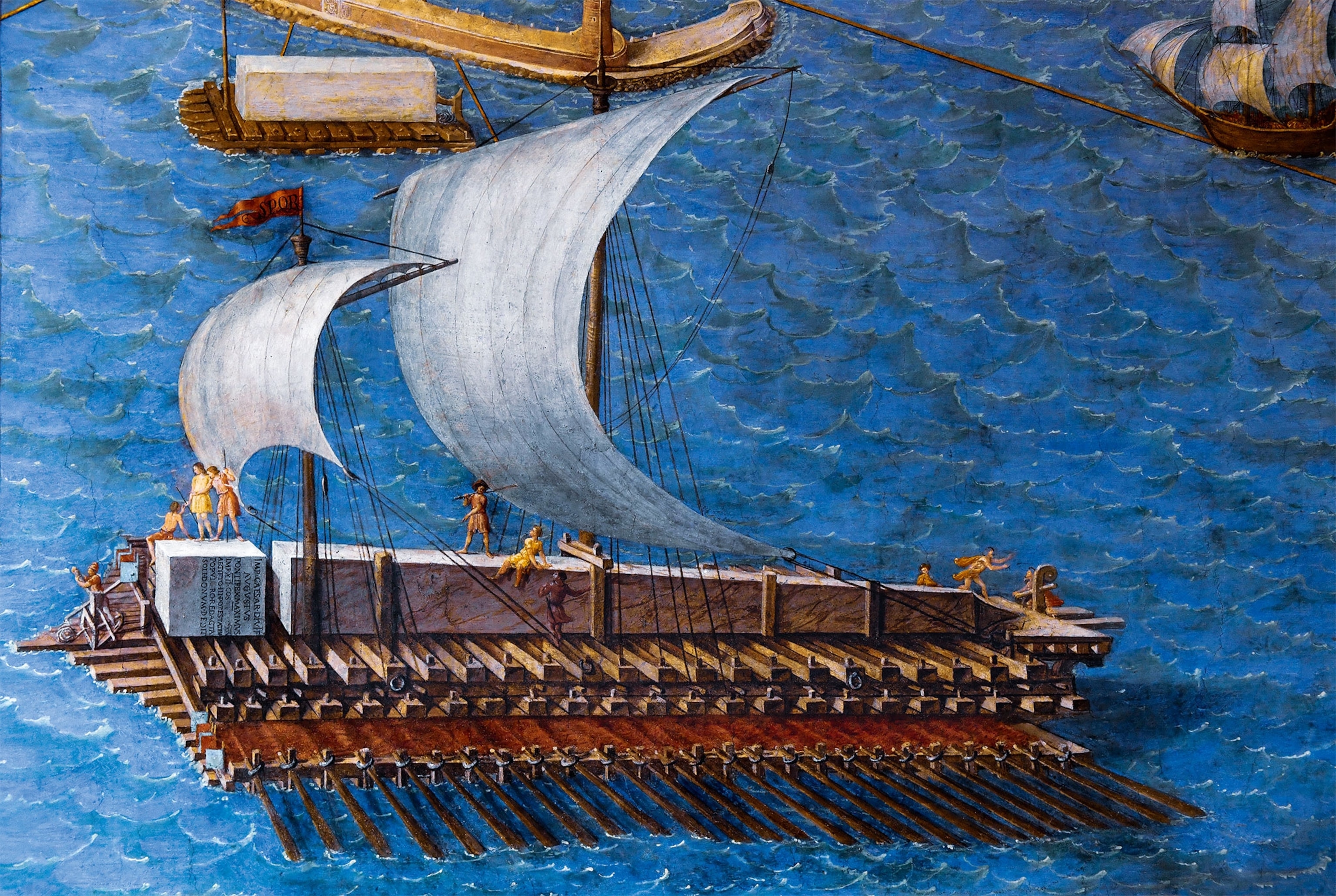 An illustration of a ship with sails transferring an obelisk from a 16th-century map