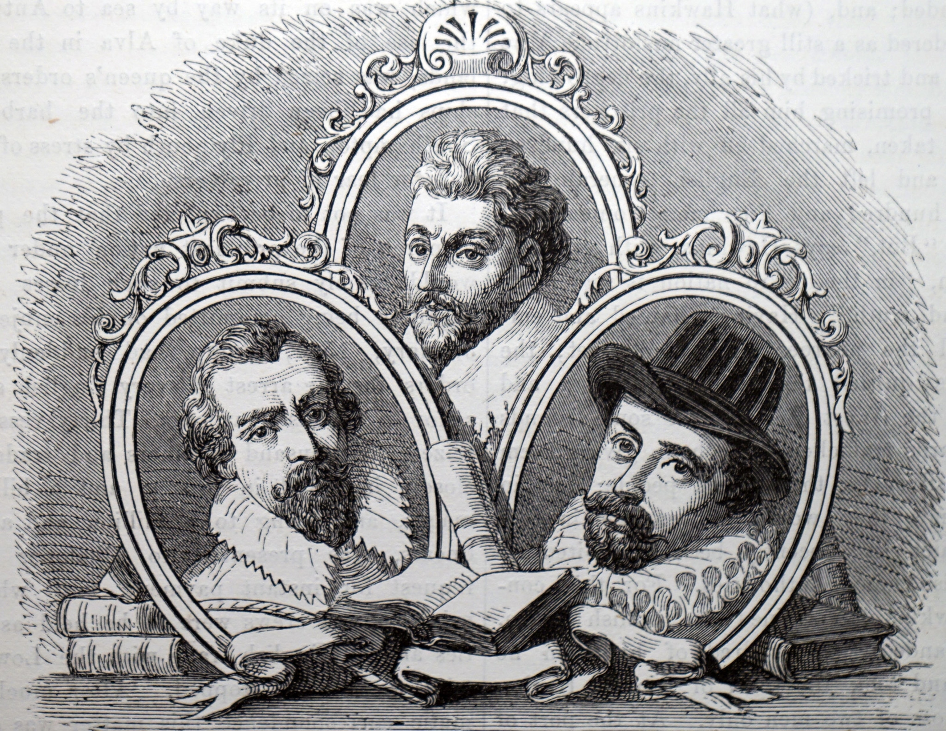 A black and white etching showing the portraits of three men, in ornate oval frames, each wearing colors and hairstyles of the Elizabethan era.