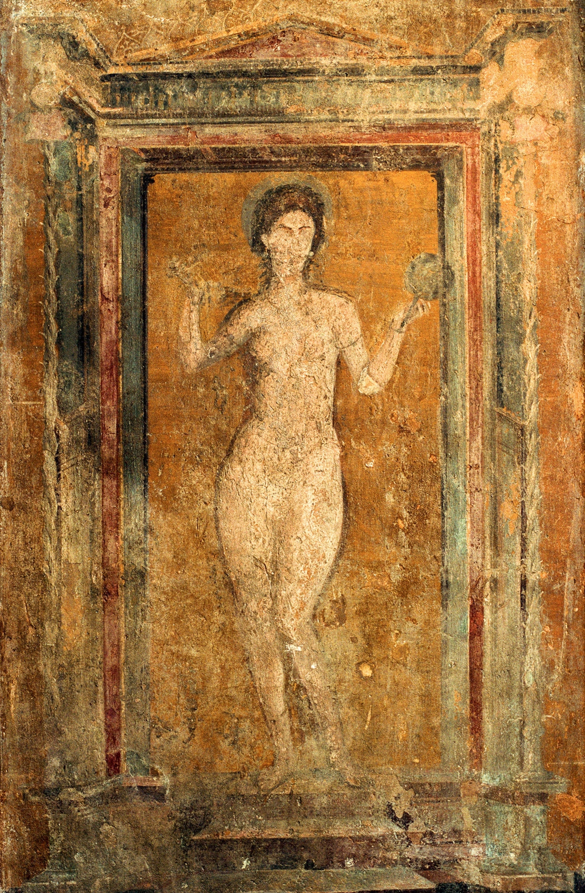 A faded painting shows a naked woman holding a mirror