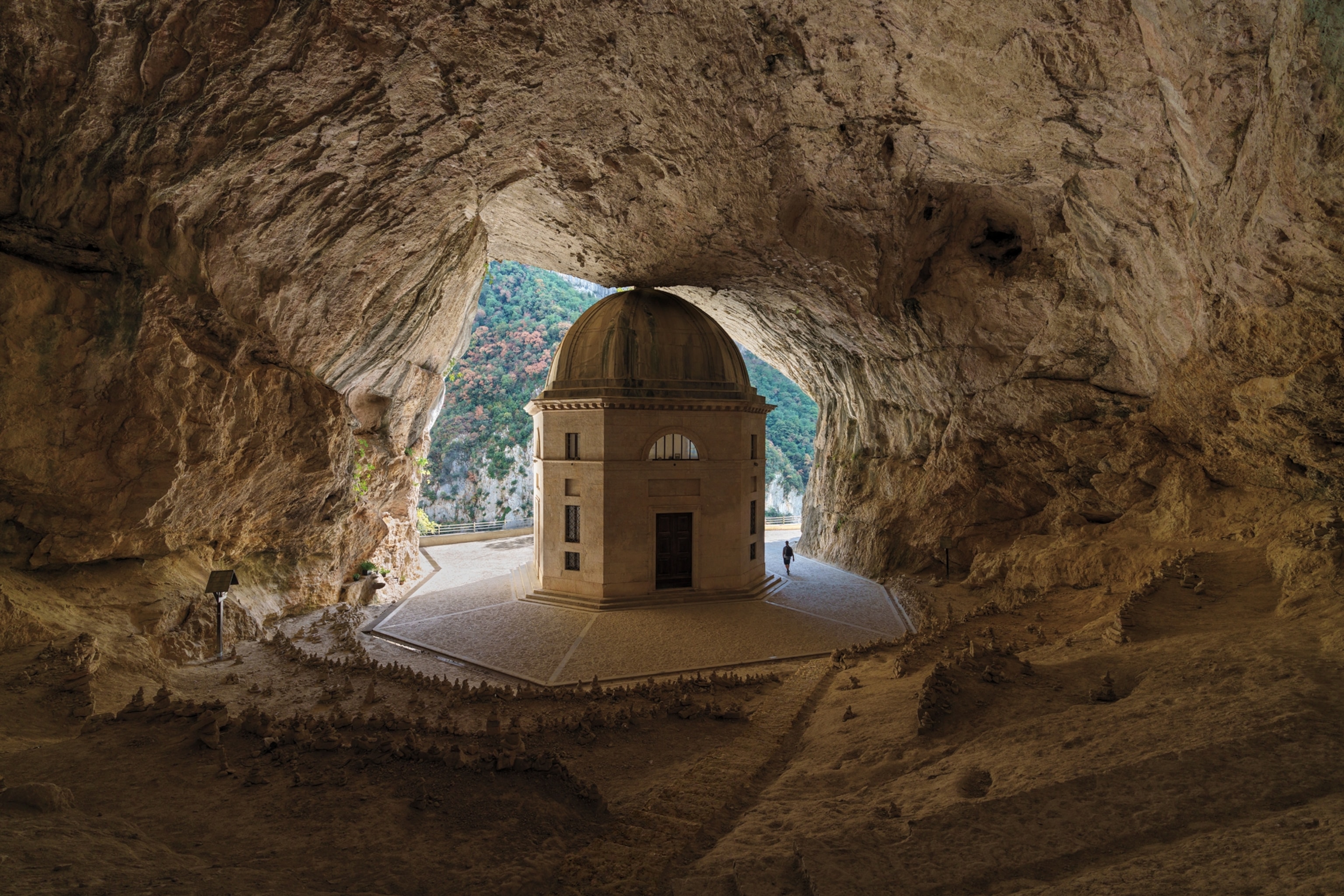 A chapel inside of a rocky cave.