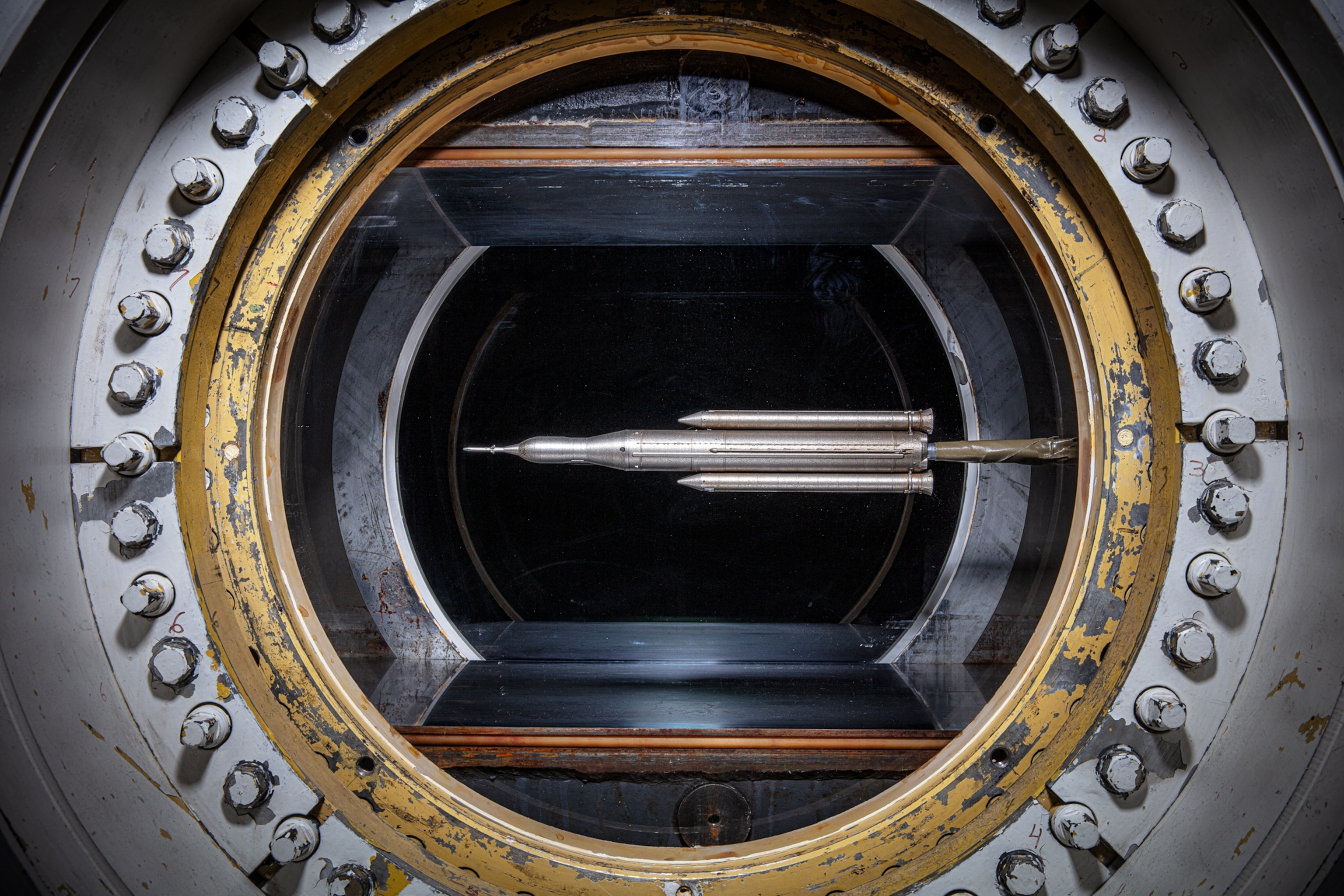 Rocket model photographed inside the wind tunnel chamber.