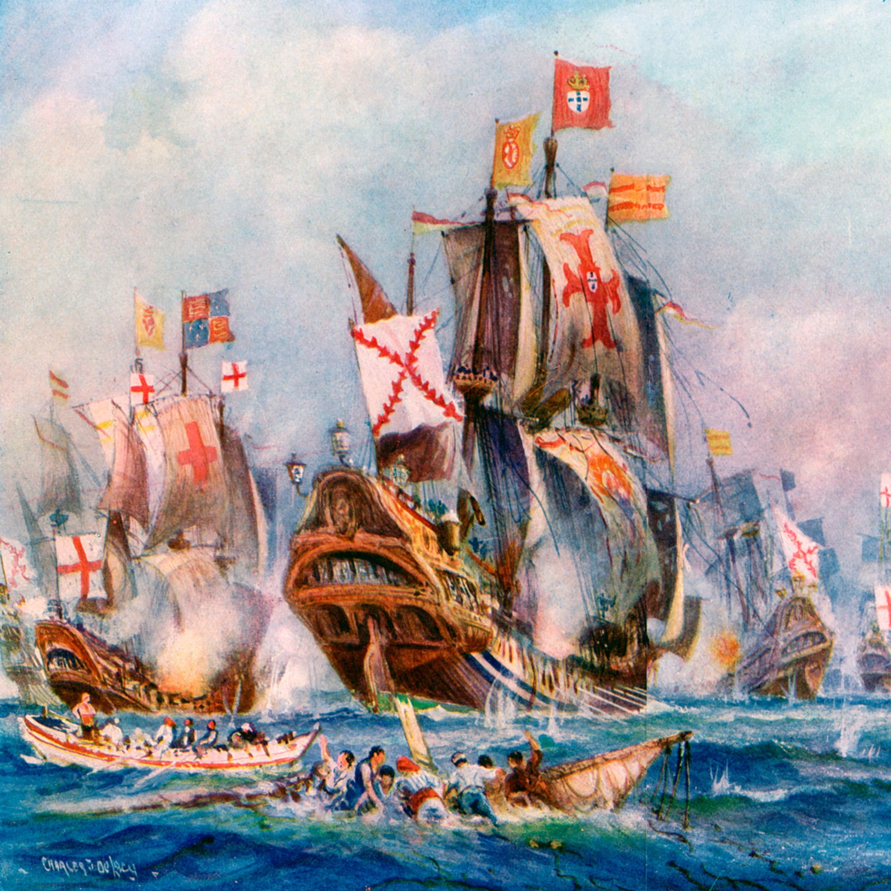 A painting of The Glorious Victory of Elizabeth's seamen over the Spanish Armada, with two, large, 16th century ships each with serveral colorful flags and sails, steering around other ships on the blue ocean with two lifeboats with people in the foreground to the left.