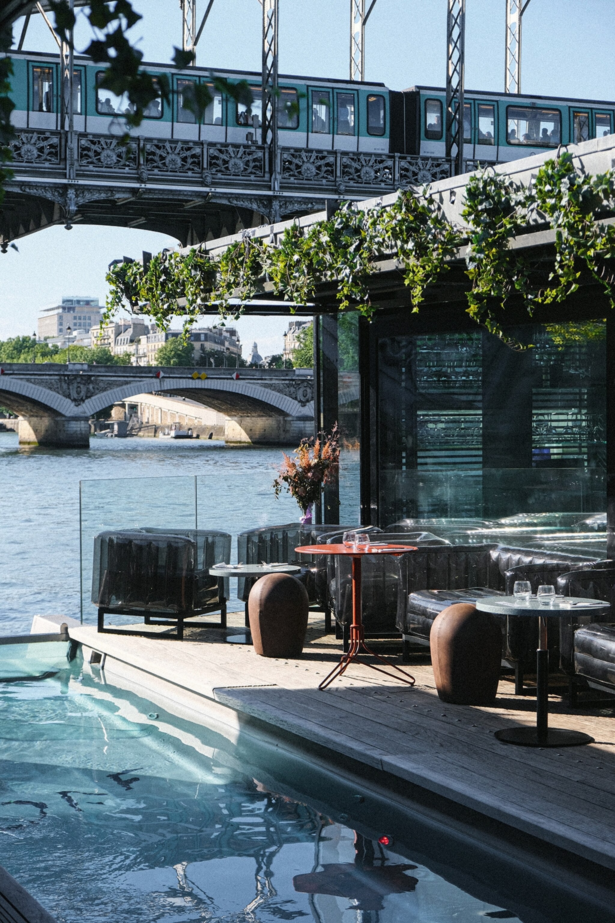 A view of a floating hotel on the Seine in Paris.