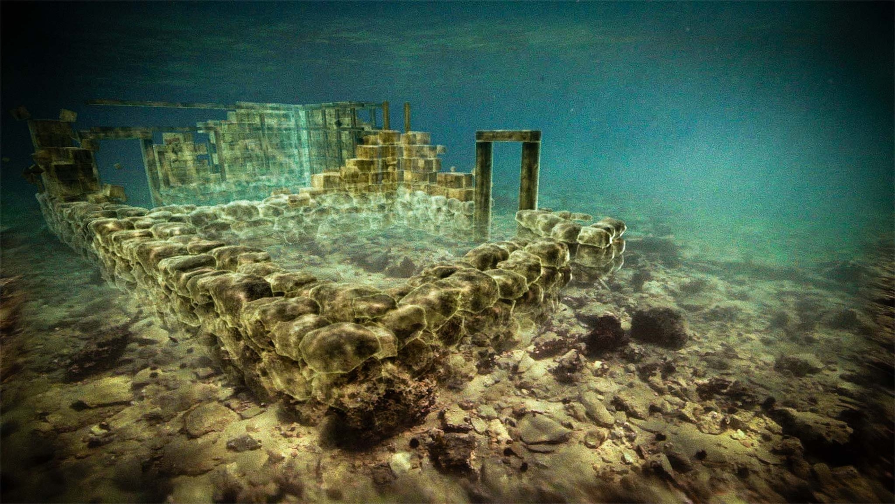 A re-creation of what underwater ruins would've looked like thousands of years ago, including some walls and columns intact