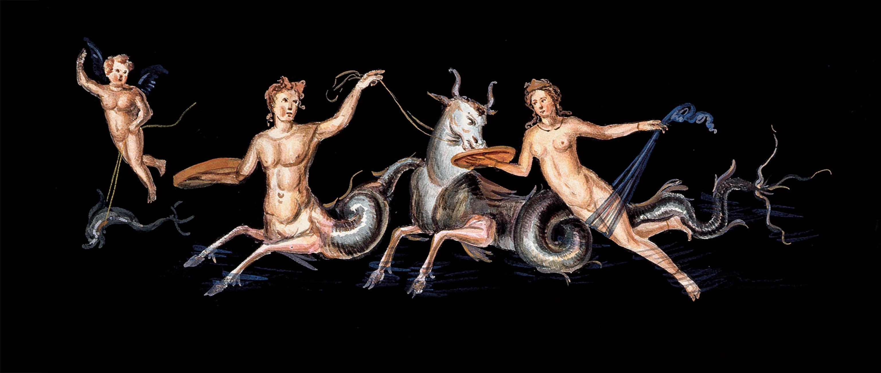 Venus is carried along by a sea monster driven by a Triton