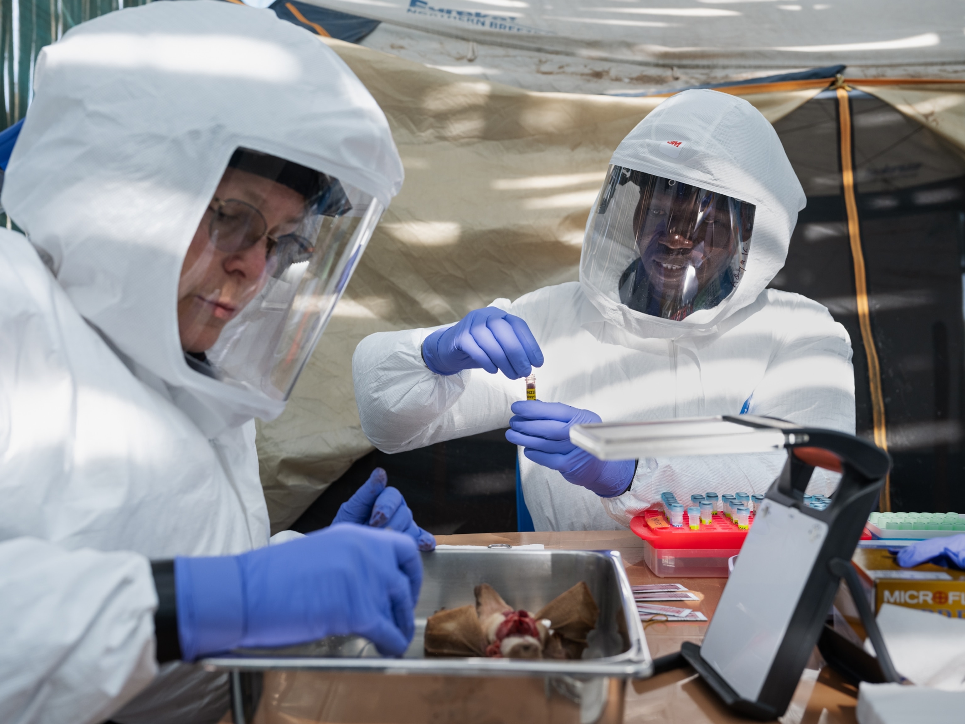 Two people in coveralls with face shields doing lab testing.