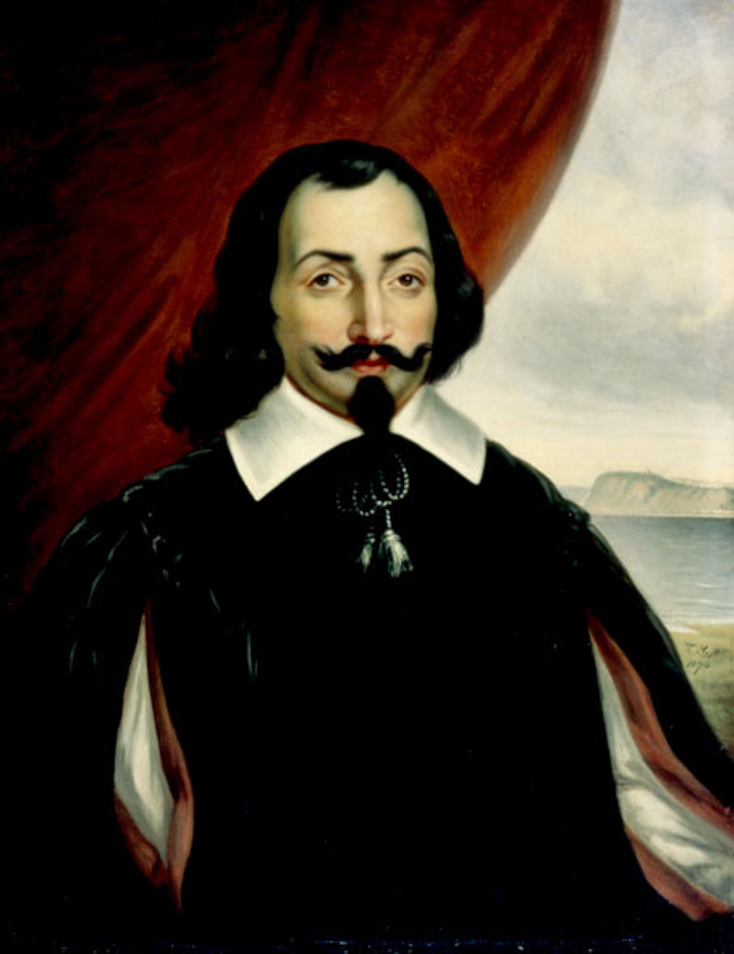 A painting of a formal portrait of a man with black hair and long mustache