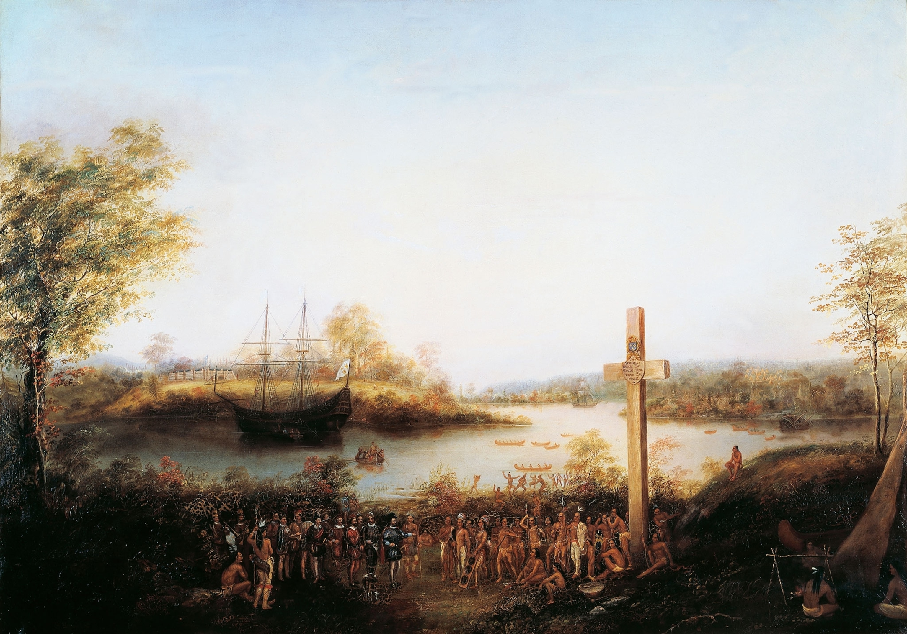 A painting of french men and native americans on the bank of a body of water next to a large cross