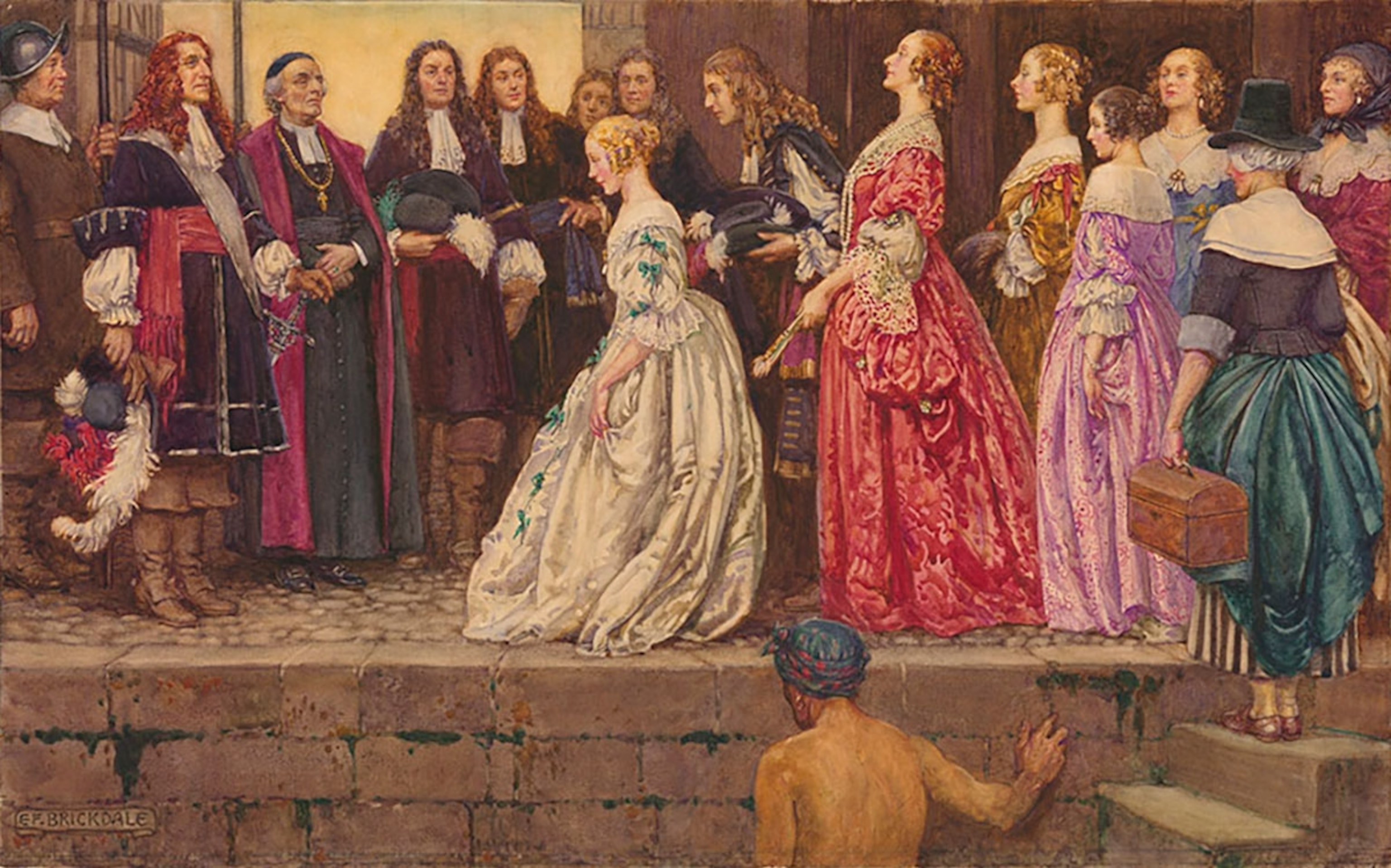 A painting of women in fine dresses meeting a line of men