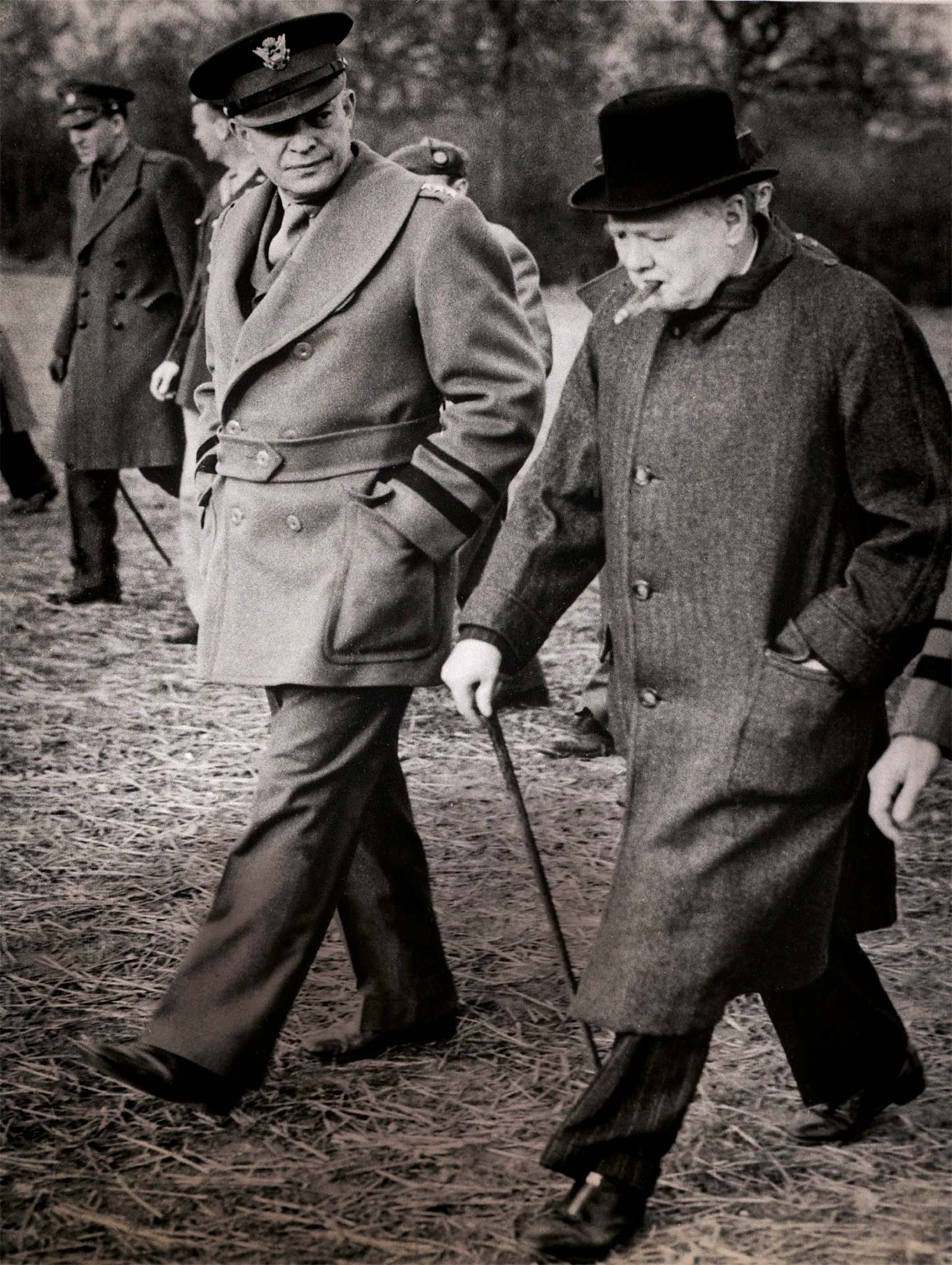 Dwight D. Eisenhower and Winston Churchill inspect U.S. paratroops in England