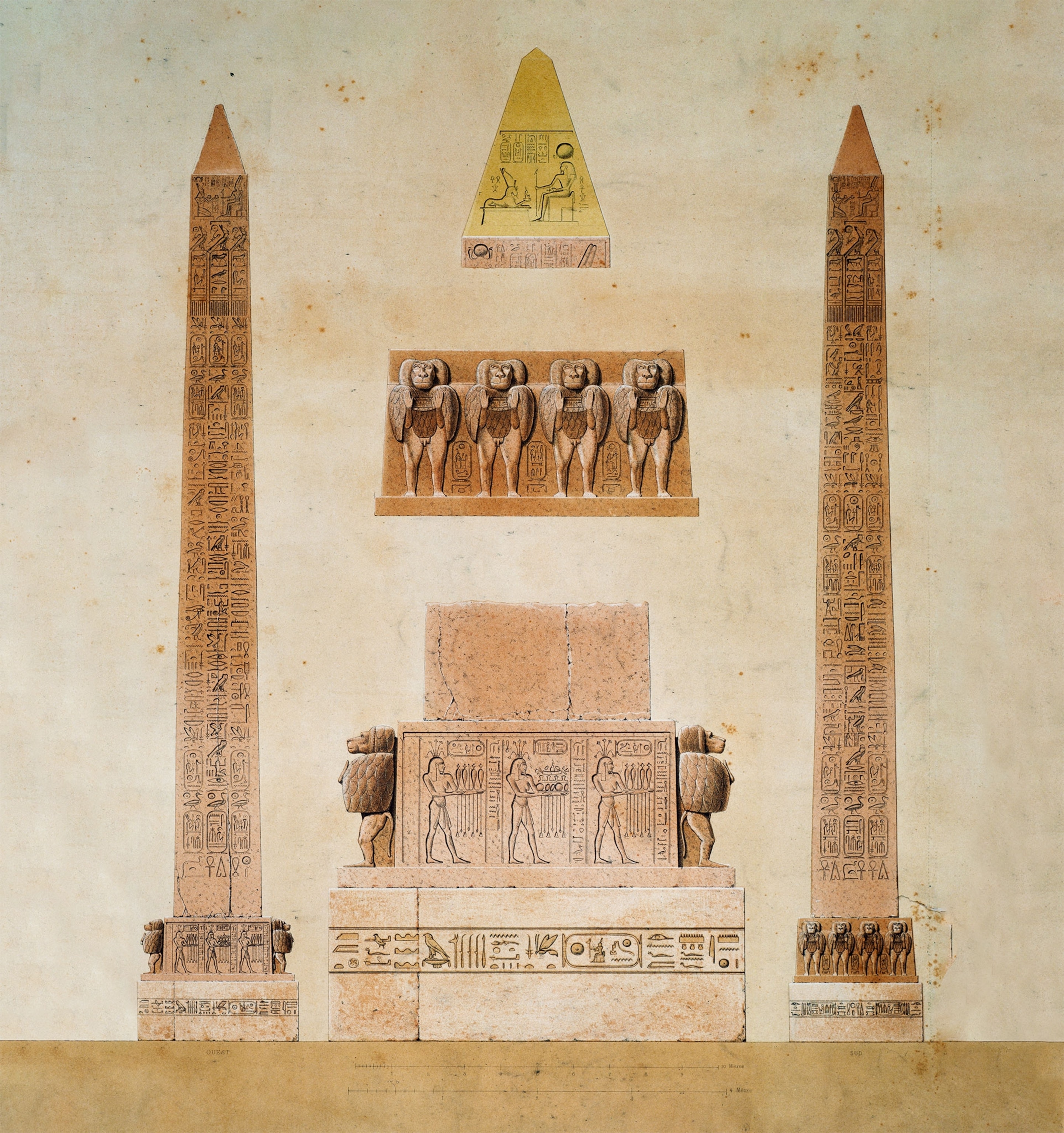 A drawing shows a pedestal and two sides of an obelisk