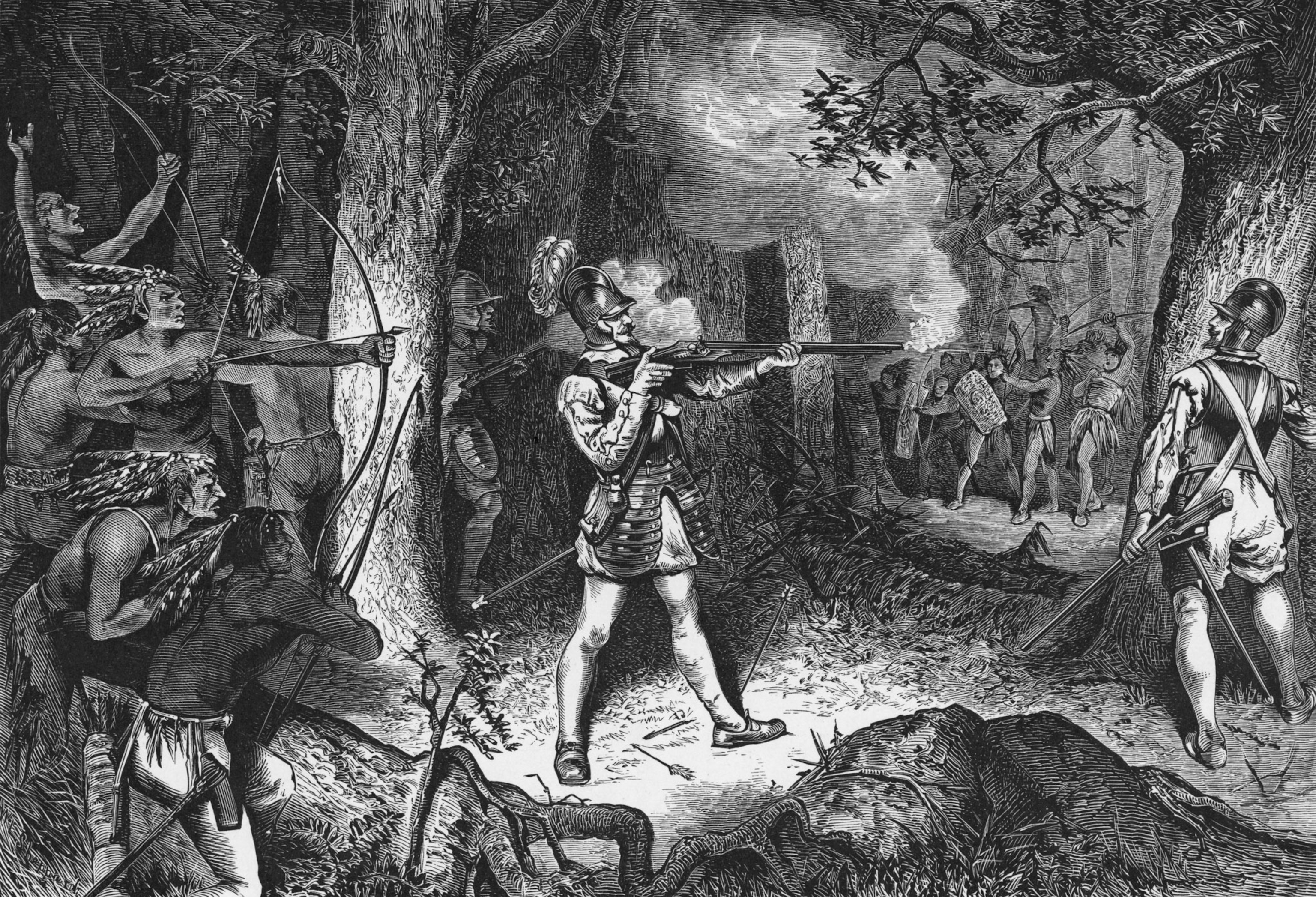 An engraving of a battle between colonist and native americans